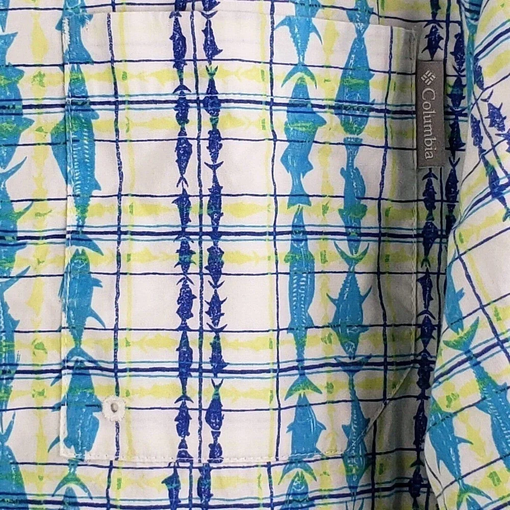 Columbia PFG Shirt Men Size XL Yellow Blue Fish Plaid Vented Short Sleeve Button